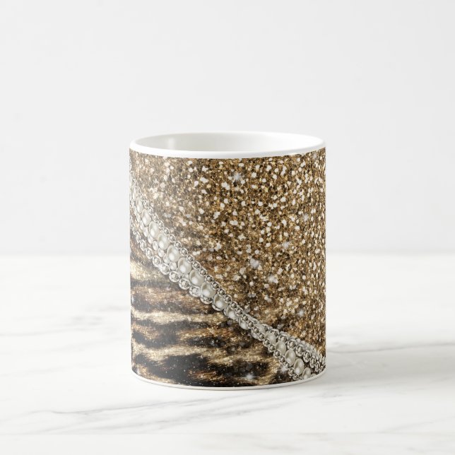 Beautiful Chic Girly Leopard Print Gold Glitter Coffee Mug (Center)