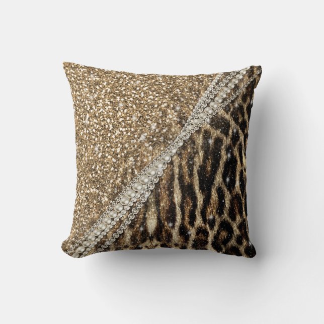 Beautiful Chic Girly Leopard Print Gold Glitter Cushion (Front)