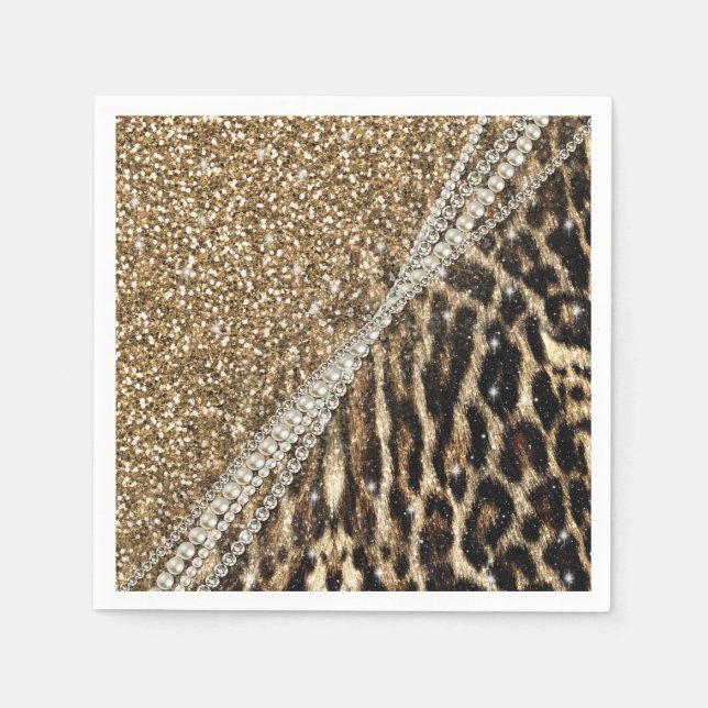 Beautiful Chic Girly Leopard Print Gold Glitter Napkin (Front)