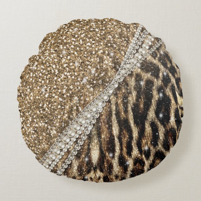 Beautiful Chic Girly Leopard Print Gold Glitter Round Cushion (Front)