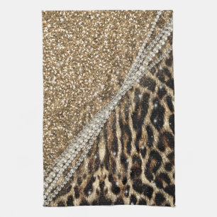 Beautiful Chic Girly Leopard Print Gold Glitter Tea Towel