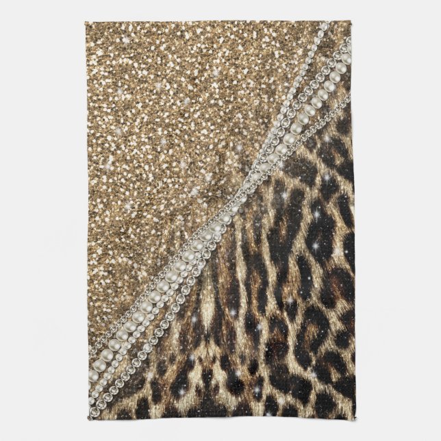 Beautiful Chic Girly Leopard Print Gold Glitter Tea Towel (Vertical)