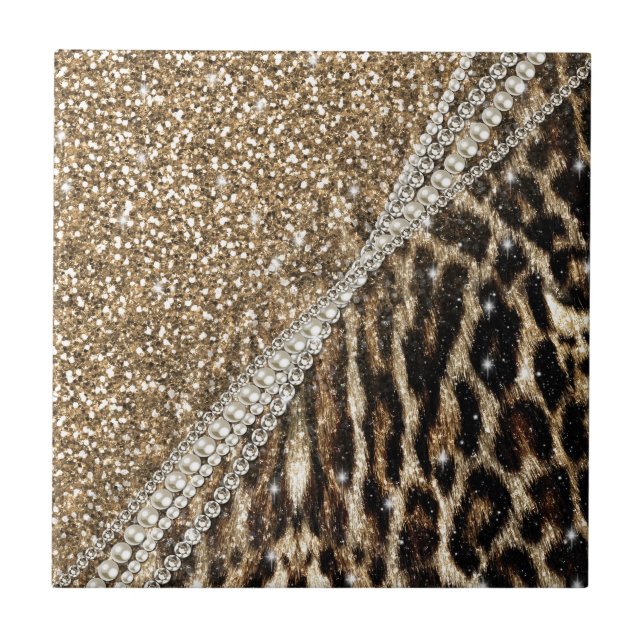 Beautiful Chic Girly Leopard Print Gold Glitter Tile (Front)