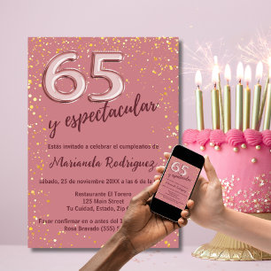 Beautiful Chic Rose Gold 65th Birthday Spanish Invitation