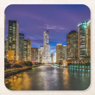 Beautiful Chicago River at Sunset, Illinois Square Paper Coaster