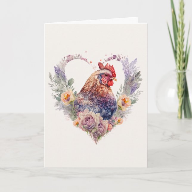 Beautiful Chicken with Flowers for Valentine's Day Holiday Card (Front)