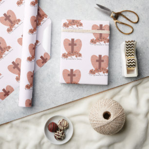 Beautiful Christian Baptism Cross with Roses Wrapping Paper