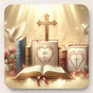Beautiful Christian Holy Bible With Cross/Doves Coaster