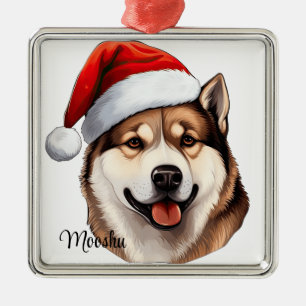 BEAUTIFUL CHRISTMAS AKITA DOG WITH SANTA HAT METAL ORNAMENT