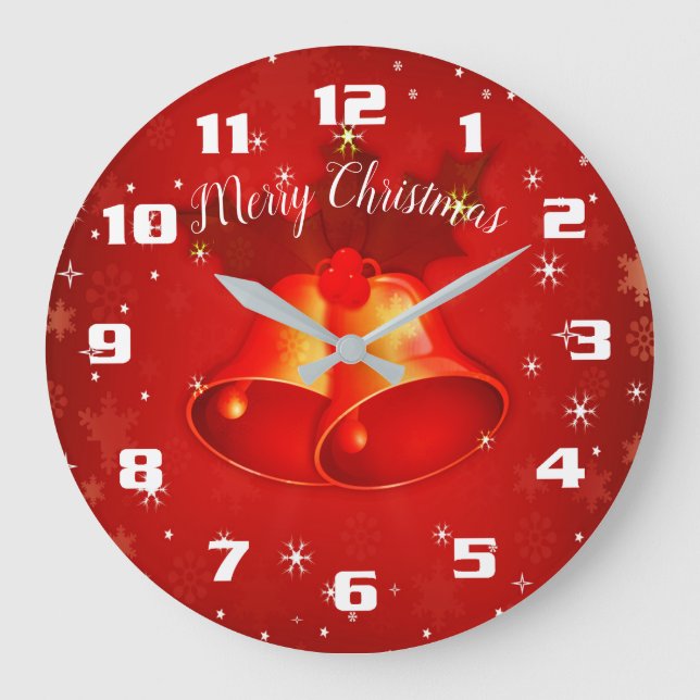 Beautiful Christmas Bells Merry Christmas Red Large Clock (Front)