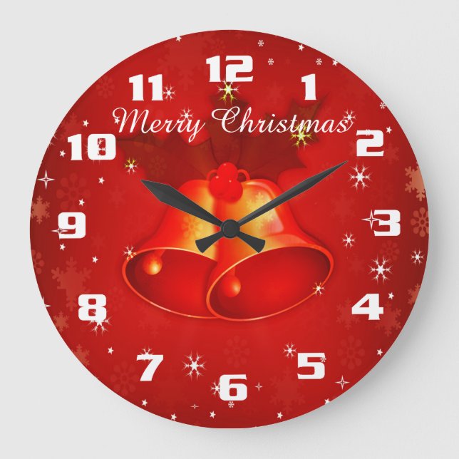 Beautiful Christmas Bells Merry Christmas Red Large Clock (Front)