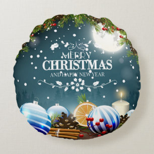 Beautiful Christmas Design with snow branches Round Cushion
