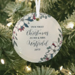 Beautiful Christmas Florals 1st Christmas Married Glass Tree Decoration<br><div class="desc">First Christmas as Mr & Mrs Christmas ornament personalised with your shared last name with the year framed by pretty bouquets of Christmas flowers in white,  red,  blue,  and green.</div>