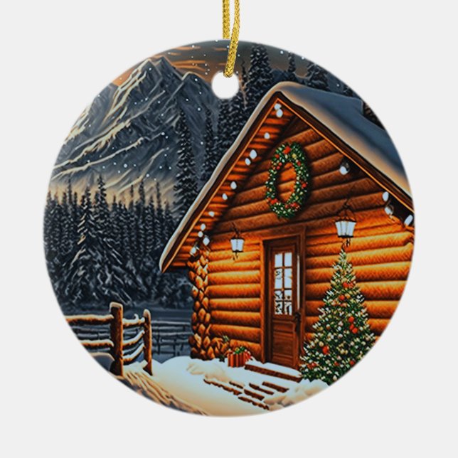 Beautiful Christmas Lights Log Cabin Mountain Snow Ceramic Ornament (Front)