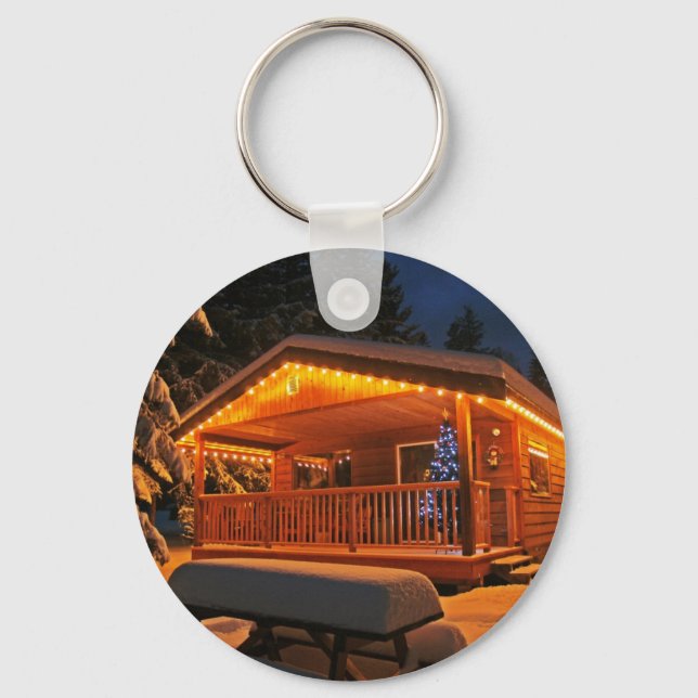 Beautiful Christmas Lights on Log Cabin in Snow Key Ring (Front)
