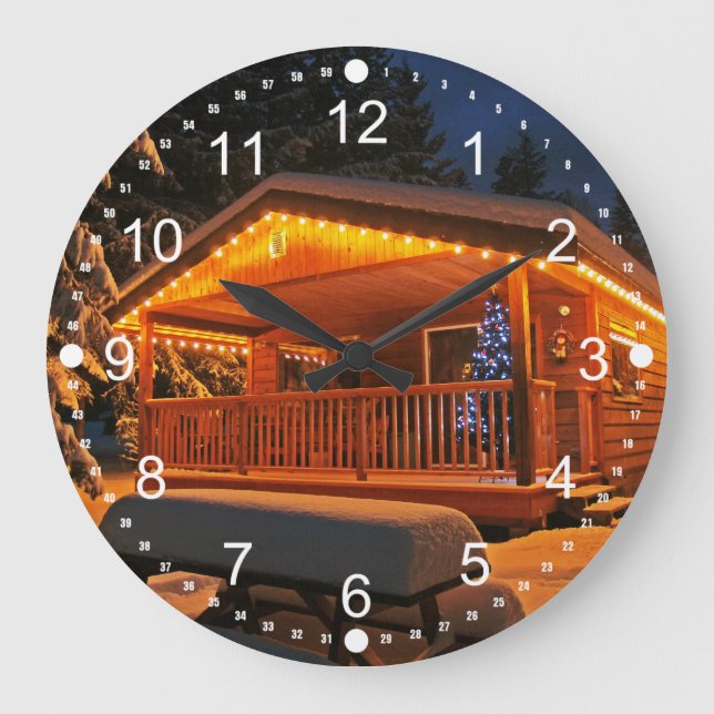 Beautiful Christmas Lights on Log Cabin in Snow Large Clock (Front)