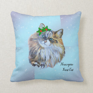 Beautiful Christmas Norwegian Forest Cat Holly    Cushion