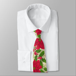 Beautiful Christmas Poinsettia, Holly, Pine branch Tie