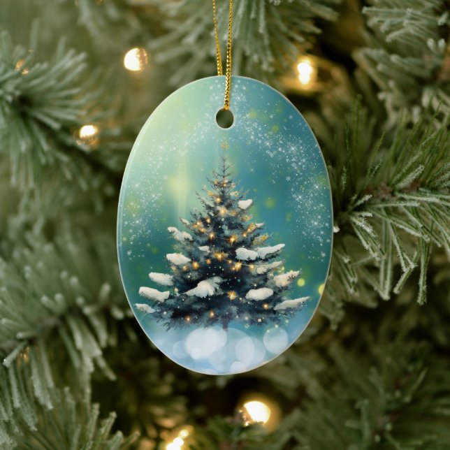 Beautiful Christmas Tree with Snow and Gold Lights Ceramic Ornament (Tree)