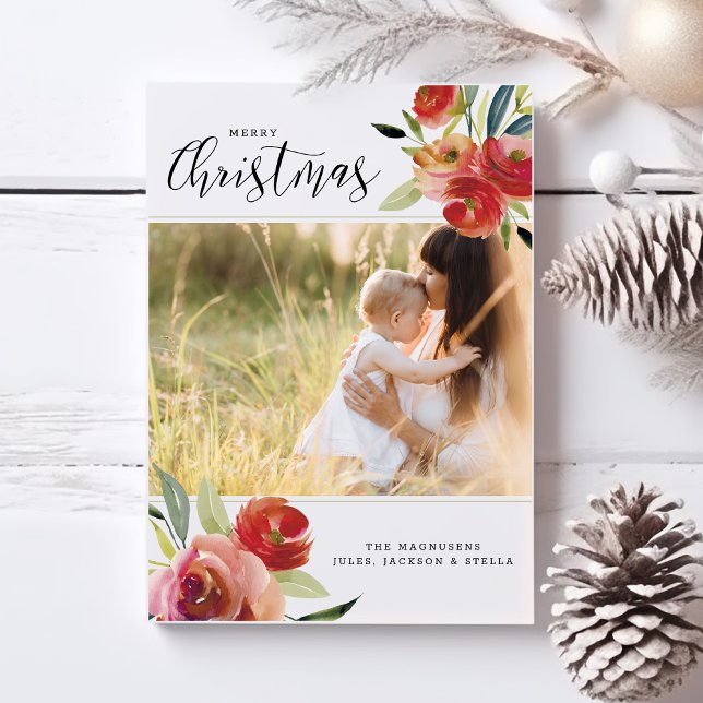 Beautiful Christmas Watercolor Floral 2 Photos Holiday Card (Creator Uploaded)