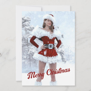 Beautiful Christmas Woman over Winter Snow Holiday Card