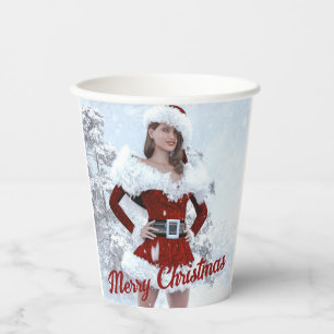 Beautiful Christmas Woman over Winter Snow Paper Cups
