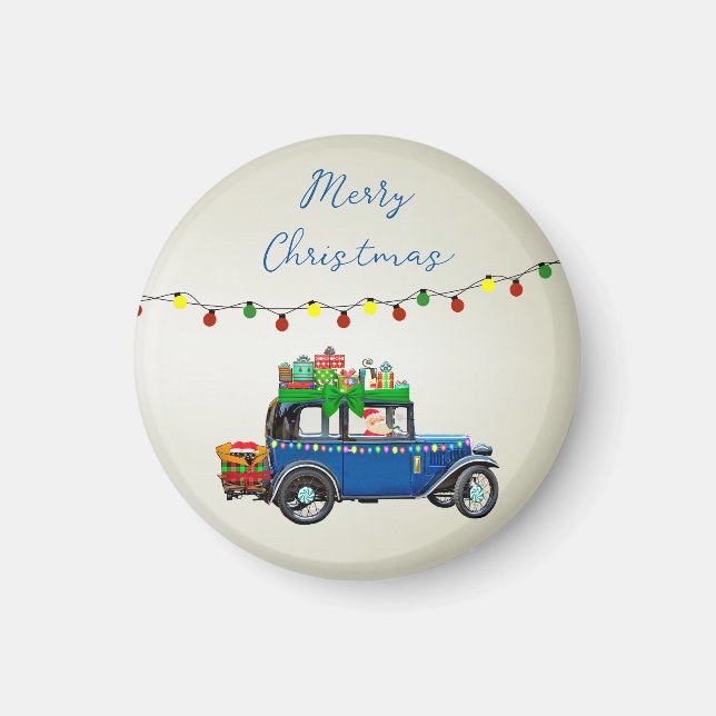 Beautiful, Christms Blue Car with Santa and Gifts  Magnet (Front)