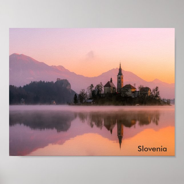 Beautiful Church on Island in Lake Bled Slovenia Poster (Front)