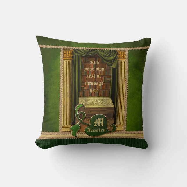 Beautiful Classical Library Old Books Green Drapes Cushion (Front)