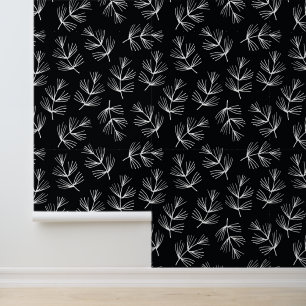 Beautiful Classy Black with White Line Pine Boughs Wallpaper
