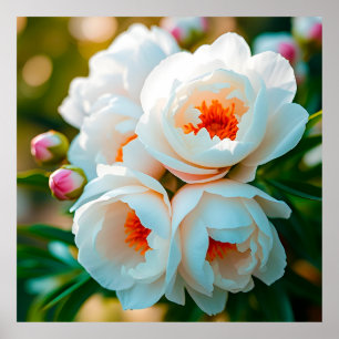 Beautiful Close-Up of Blooming White Peonies Poster