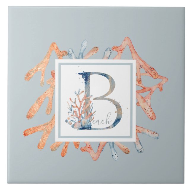 Beautiful coastal winter sky blue coral monogram ceramic tile (Front)