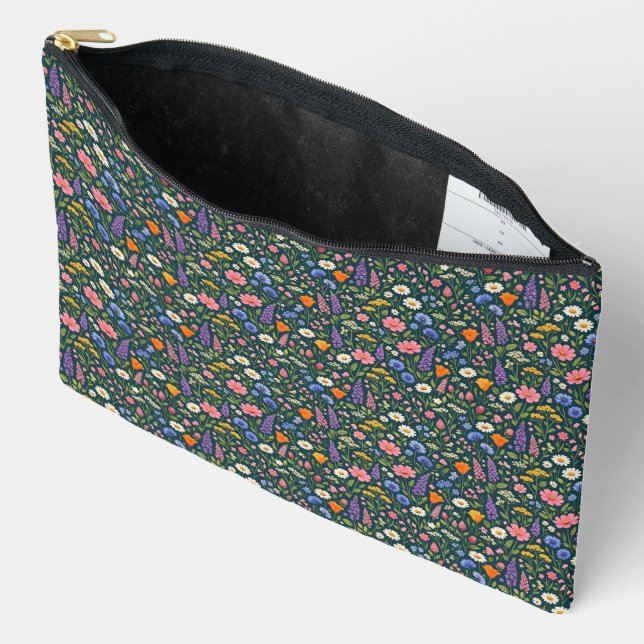 Beautiful Colorful Wildflowers on Dark Teal Accessory Pouch (Open)