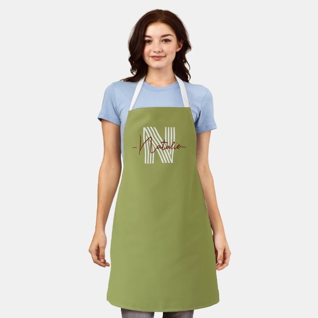 Beautiful colour olive green Stylish big initial Apron (Worn)