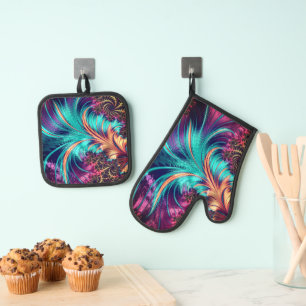 Beautiful Colour Peacock Feathers Oven Mitt & Pot Holder Set