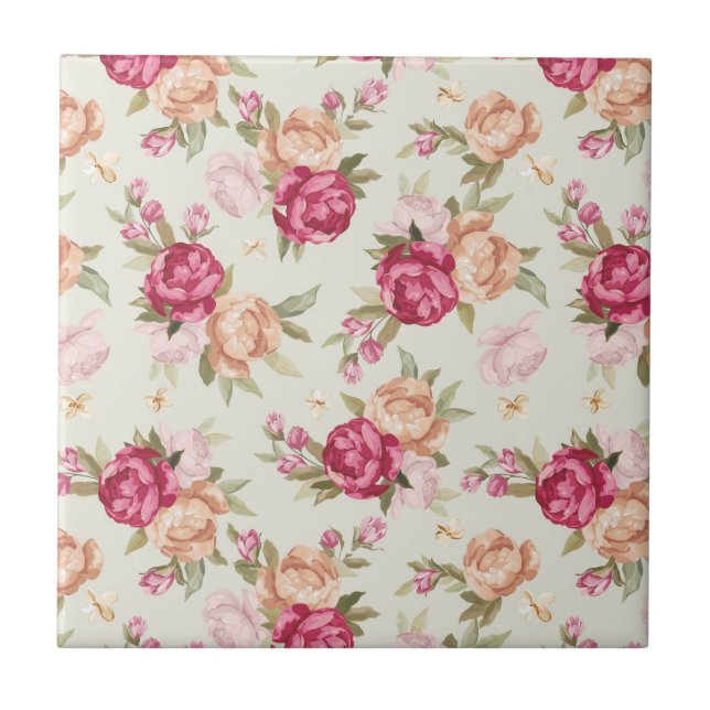 Beautiful colour peony pattern on green ceramic tile (Front)