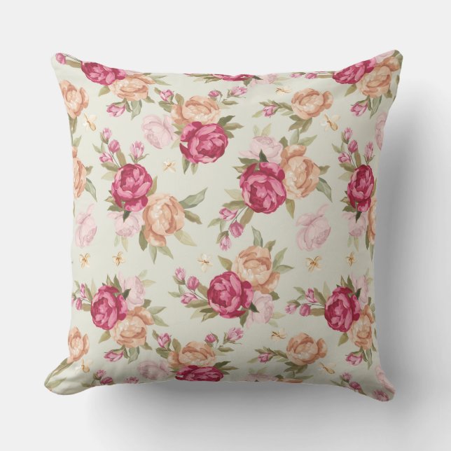Beautiful colour peony pattern on green cushion (Front)