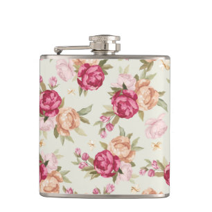 Beautiful colour peony pattern on green hip flask