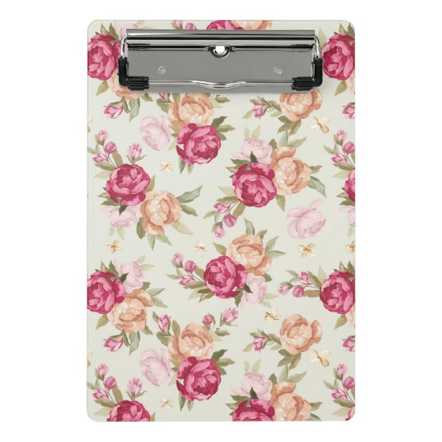 Beautiful colour peony pattern on green mini clipboard (Front)