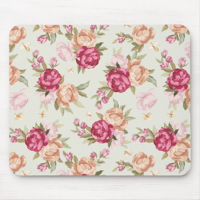 Beautiful colour peony pattern on green mouse pad (Front)