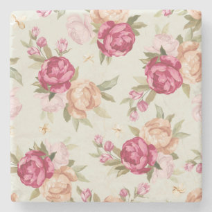 Beautiful colour peony pattern on green stone coaster