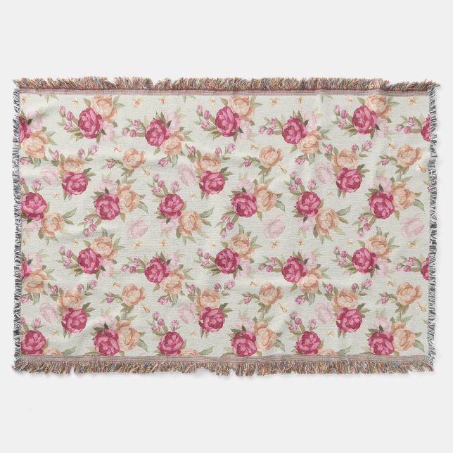 Beautiful colour peony pattern on green throw blanket (Front)