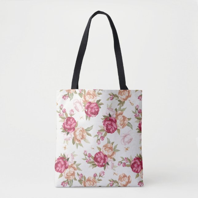 Beautiful colour peony pattern on green tote bag (Front)