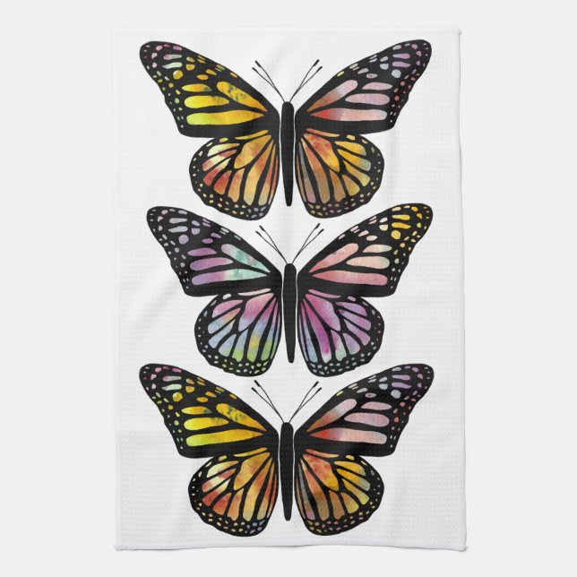 Beautiful Colourful 3 Butterfly Watercolor Pattern Tea Towel (Vertical)