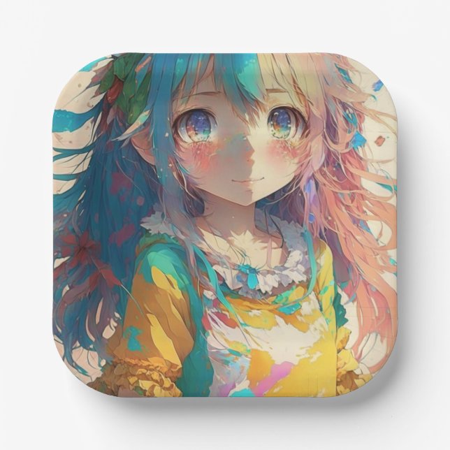 Beautiful Colourful Anime Girl  Paper Plate (Front)