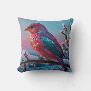 Beautiful Colourful Bird on a Snowy Tree Branch Cushion