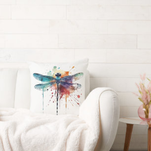 Beautiful colourful dragonfly in flight watercolor cushion