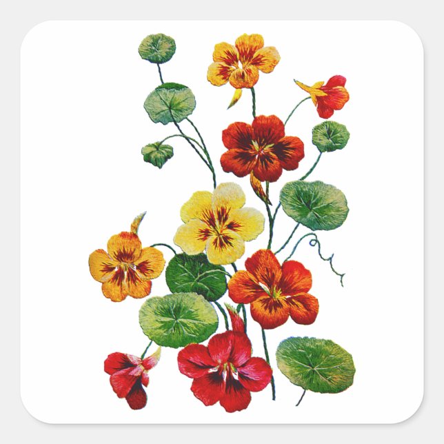 Beautiful Colourful Embroidered Nasturtiums Square Sticker (Front)
