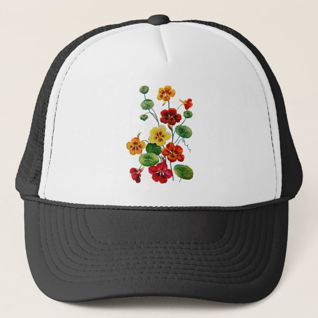 Beautiful Colourful Embroidered Nasturtiums Trucker Hat (Front)