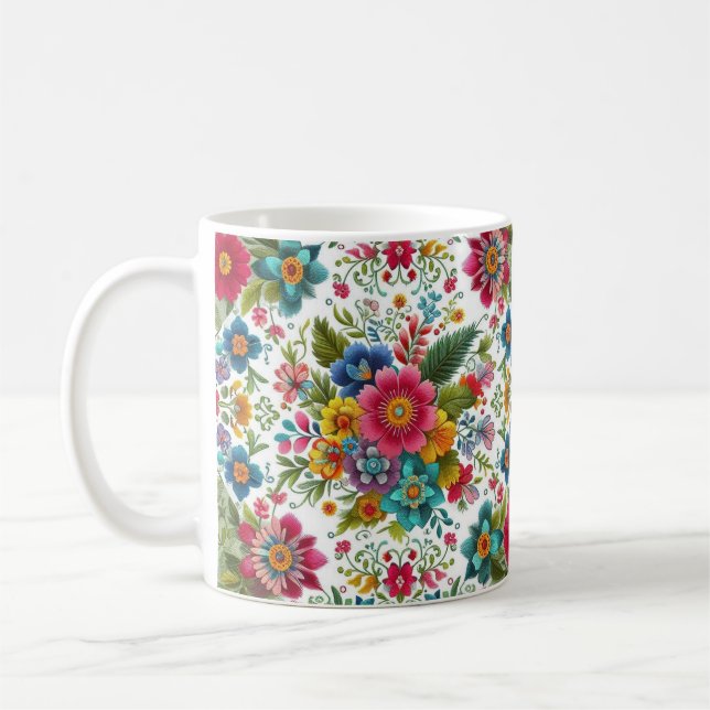 Beautiful Colourful Embroidery Style Flowers  Coffee Mug (Left)